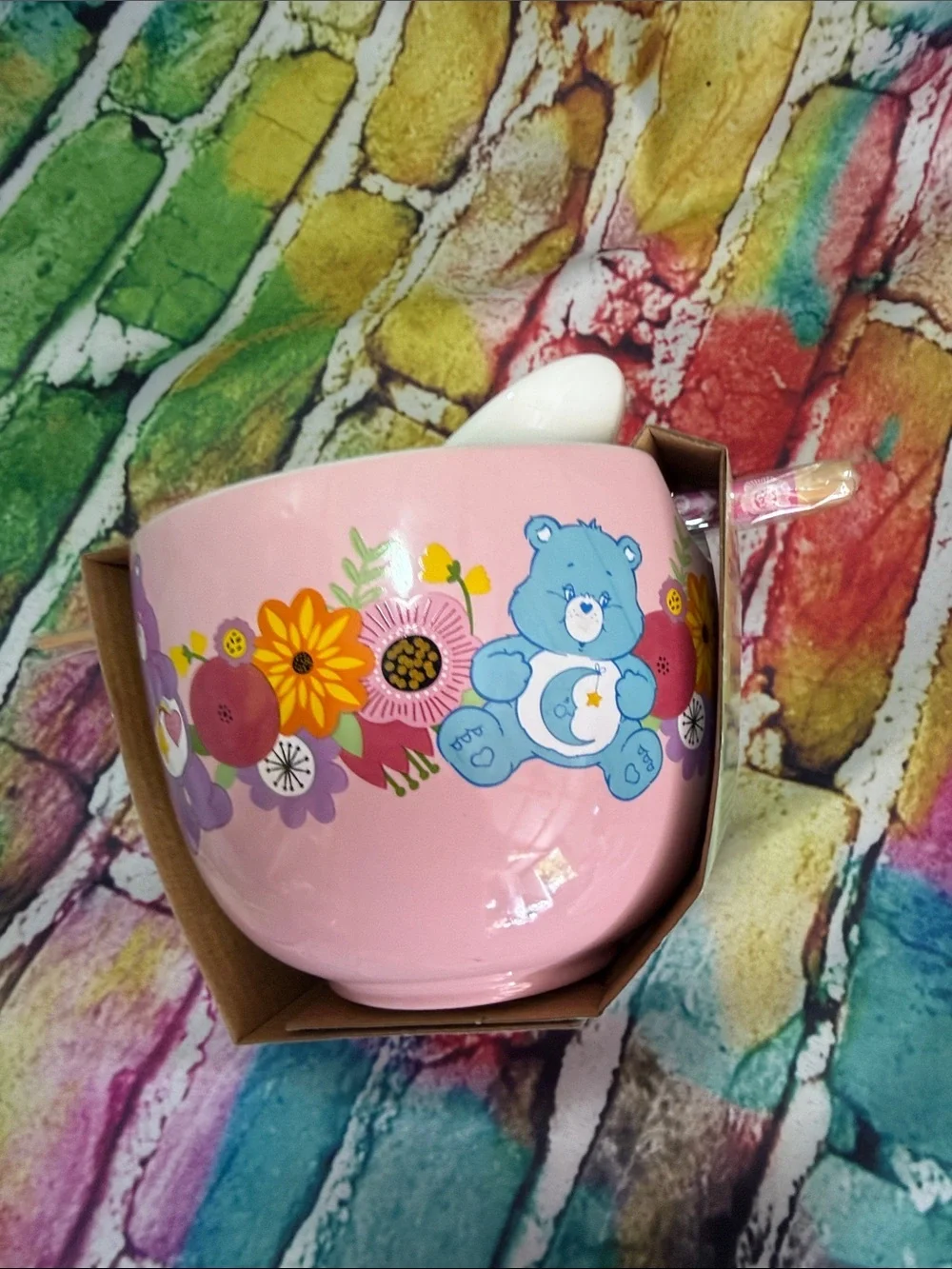 Care Bears White Ceramic Bowl Set with Pink Accent Spoon and Chopsticks